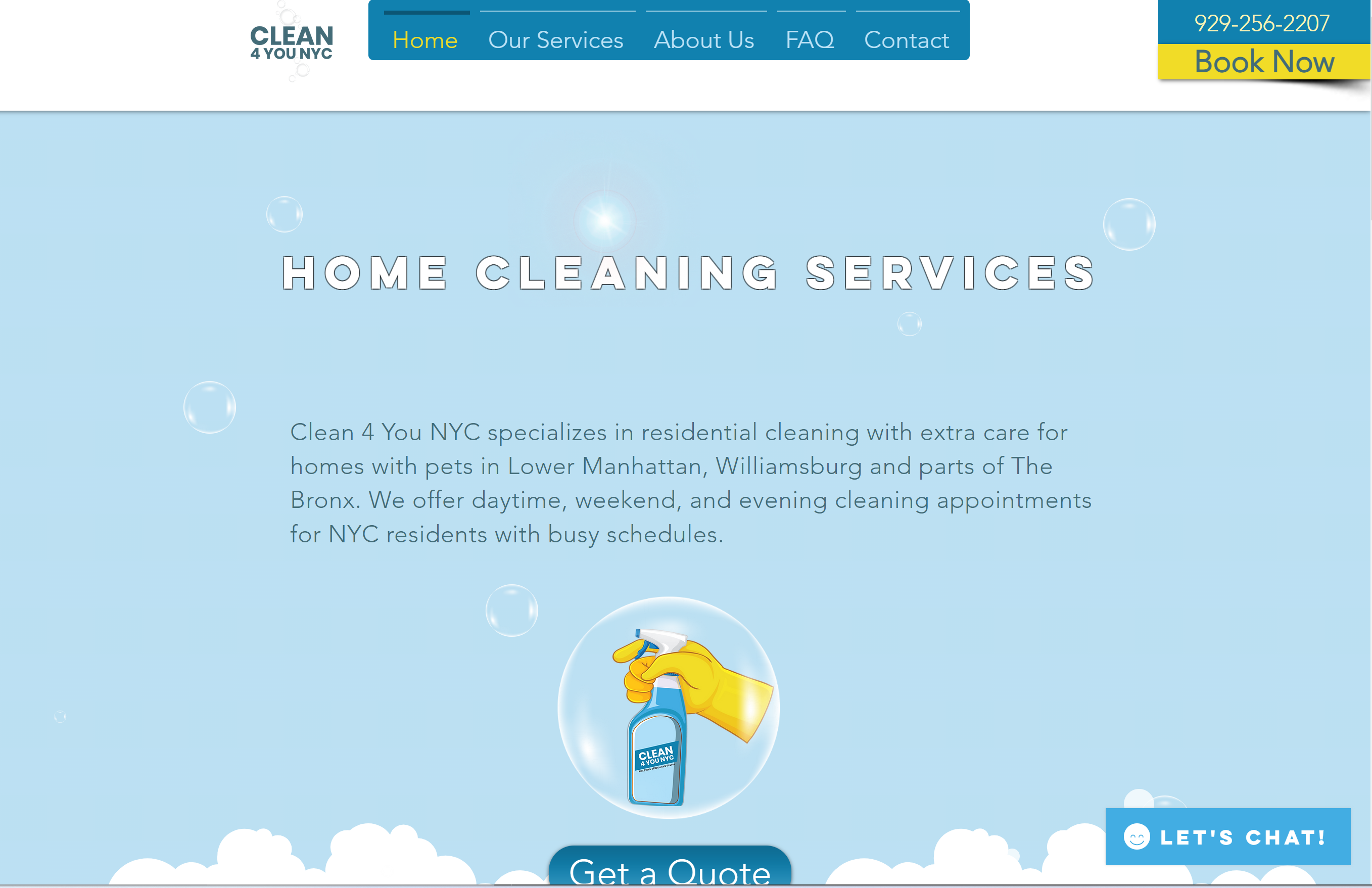 landing page for a cleaning company with yellowbackground and white foam and bubbles