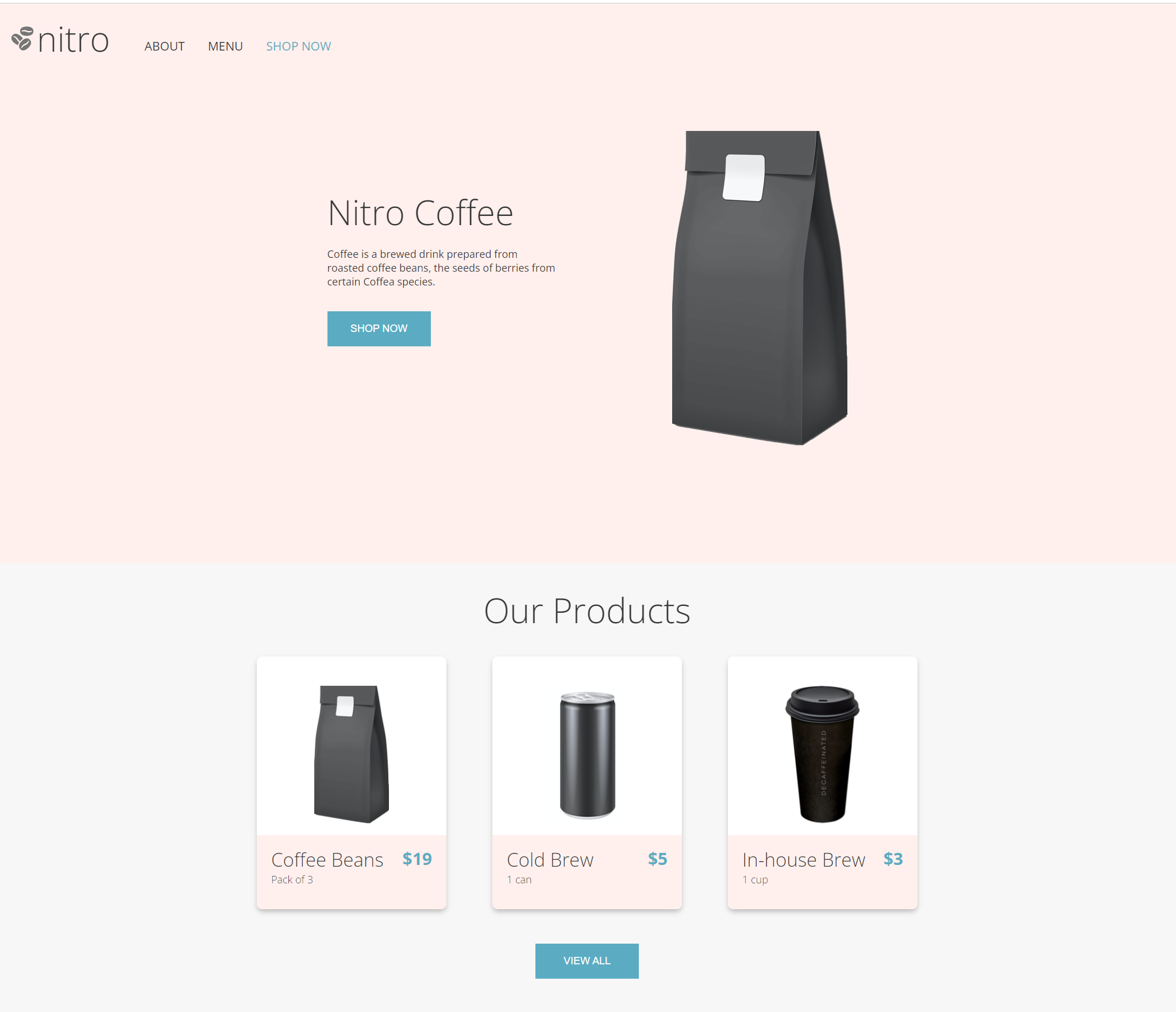 coffee company home page with hero image of a bag of coffee beans
