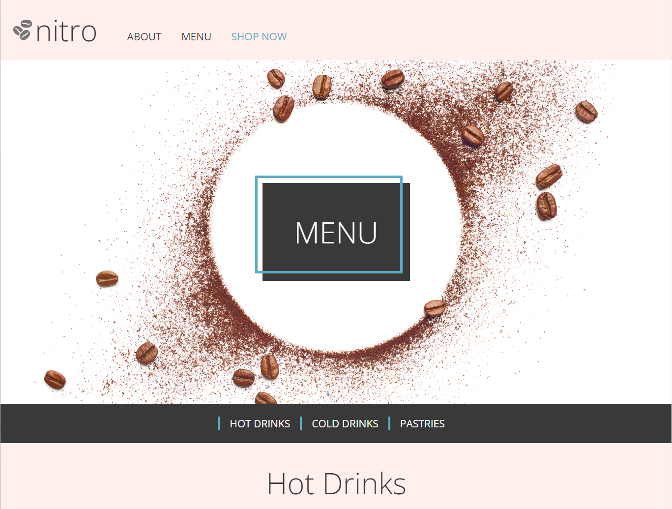 a ring of coffee beans over a pink and white background with company logo