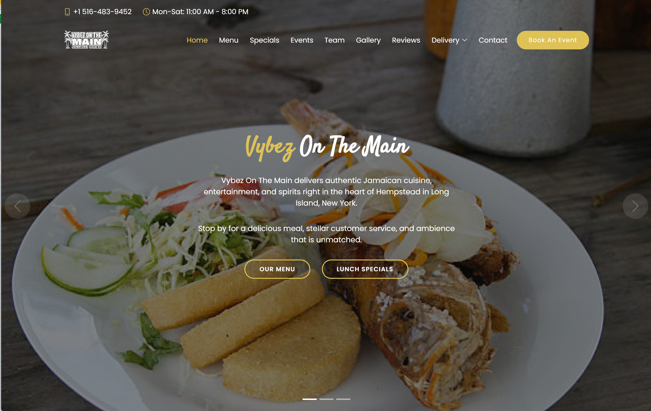 landing page for a Jamaican restaurant with white plate of 3 small semi-circles of fried bammy, escovitched snapper, and salad.